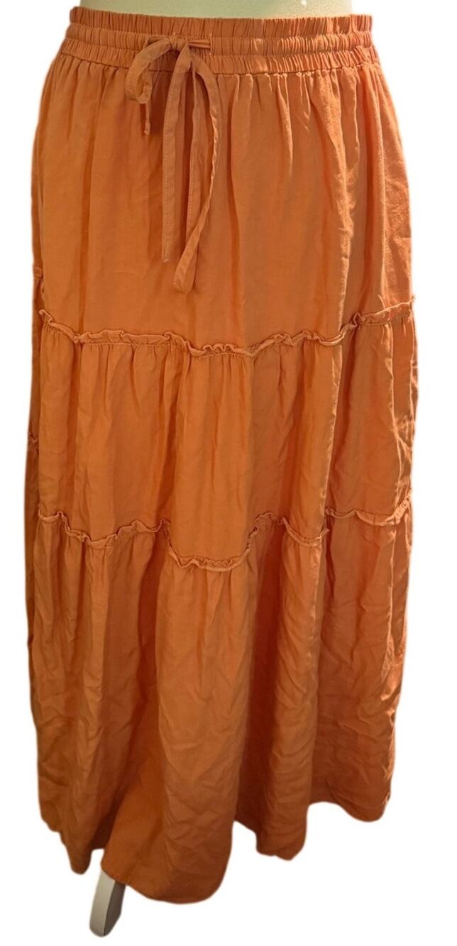 HAEOF Terracotta Orange Tiered Maxi Skirt, Tencel, Boho Cottagecore, Large